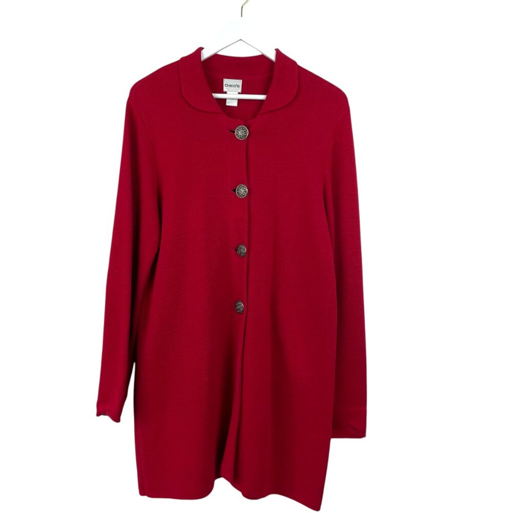 Chicos Sweater Womens 3 US XL Red Cardigan Button Front Collared Mid Length